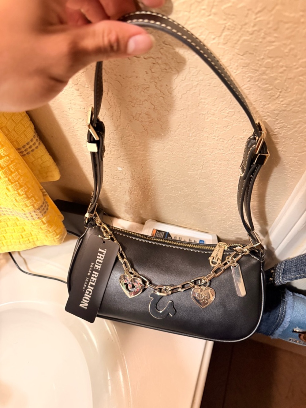 True Religion Black Shoulder Bag with Gold Chain Charms new with tags